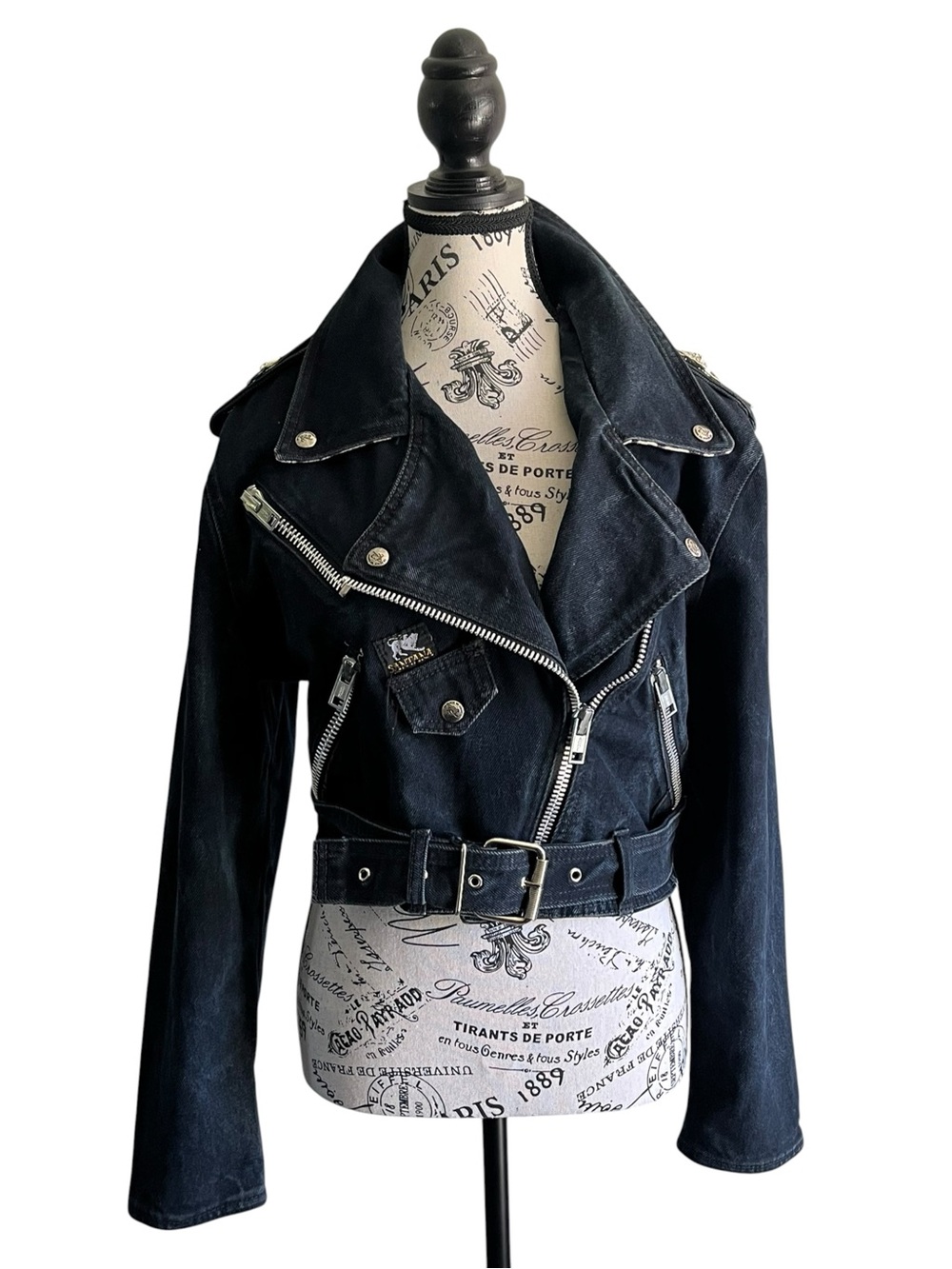 🇨🇦 Vintage 80s Santana Parasuco Denim Biker Moto Jacket Black Cropped Belted